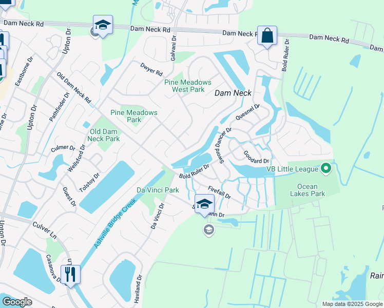 map of restaurants, bars, coffee shops, grocery stores, and more near 1659 Sword Dancer Drive in Virginia Beach
