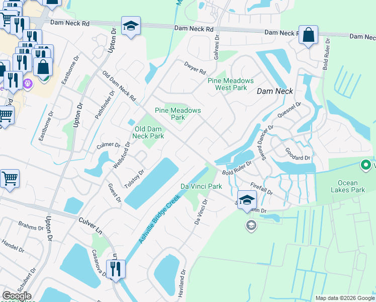 map of restaurants, bars, coffee shops, grocery stores, and more near 1764 Box Elder Arch in Virginia Beach