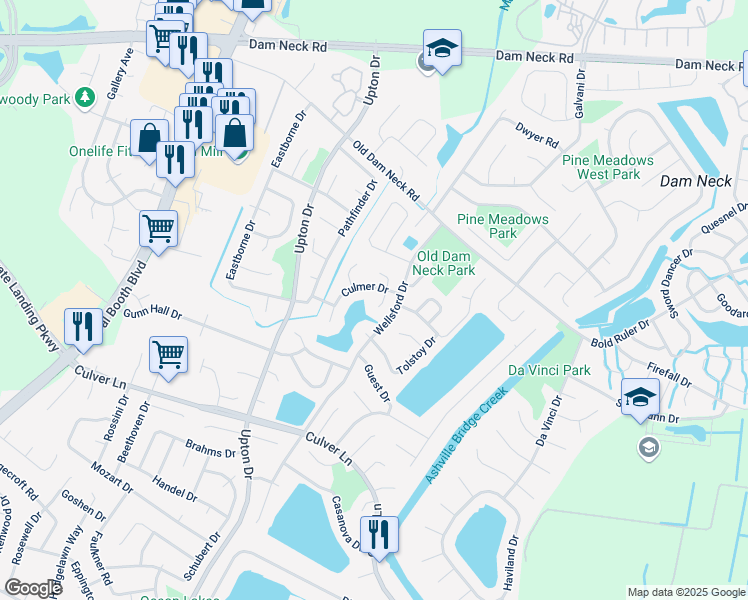 map of restaurants, bars, coffee shops, grocery stores, and more near 1709 Maryus Court in Virginia Beach