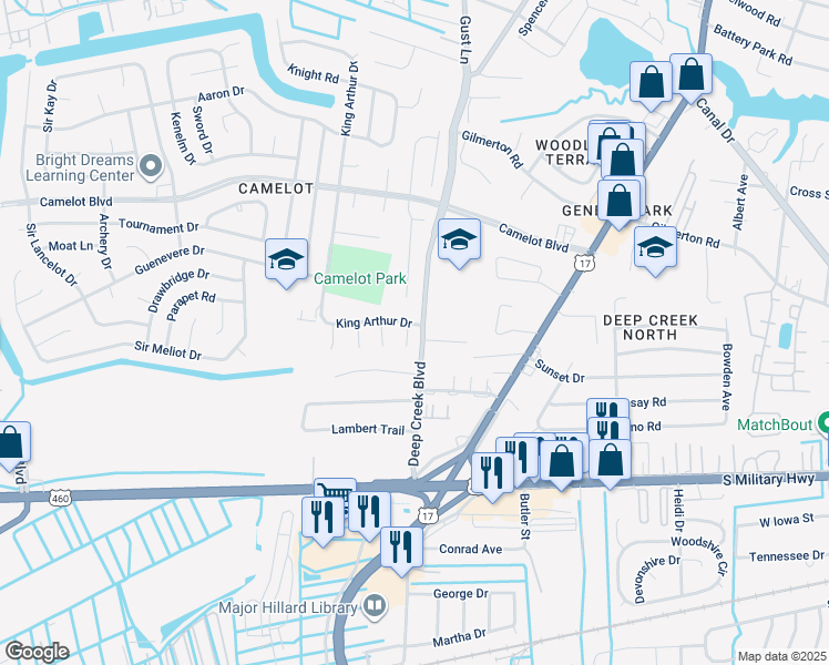 map of restaurants, bars, coffee shops, grocery stores, and more near 909 Noble Court in Chesapeake