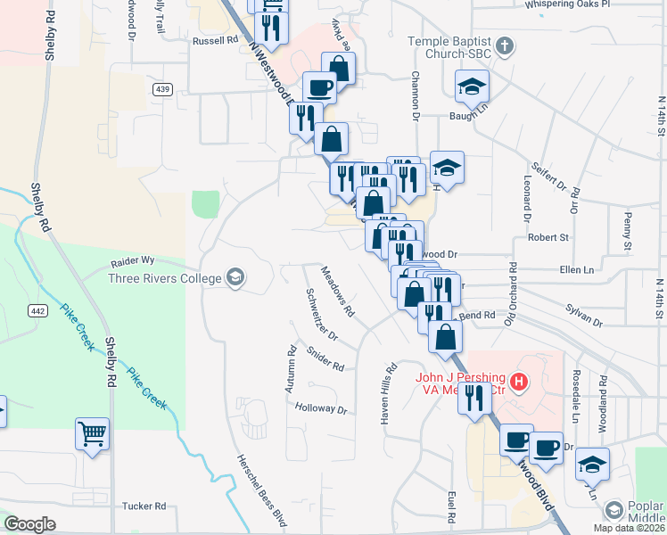 map of restaurants, bars, coffee shops, grocery stores, and more near 2034 Meadows Road in Poplar Bluff
