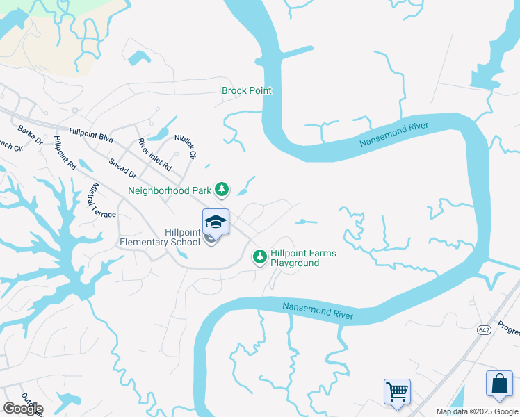 map of restaurants, bars, coffee shops, grocery stores, and more near 110 Bowman Drive in Suffolk