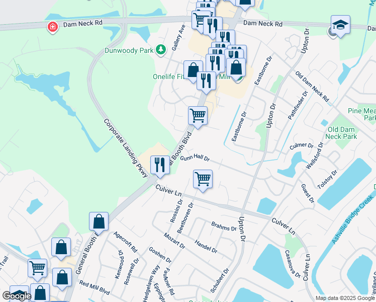 map of restaurants, bars, coffee shops, grocery stores, and more near 1821 Mizzen Lane in Virginia Beach