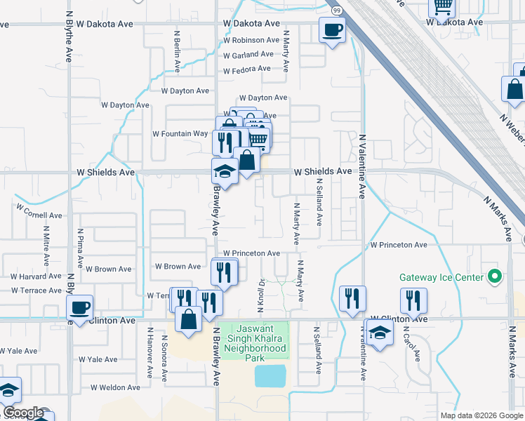 map of restaurants, bars, coffee shops, grocery stores, and more near 3661 West Shields Avenue in Fresno