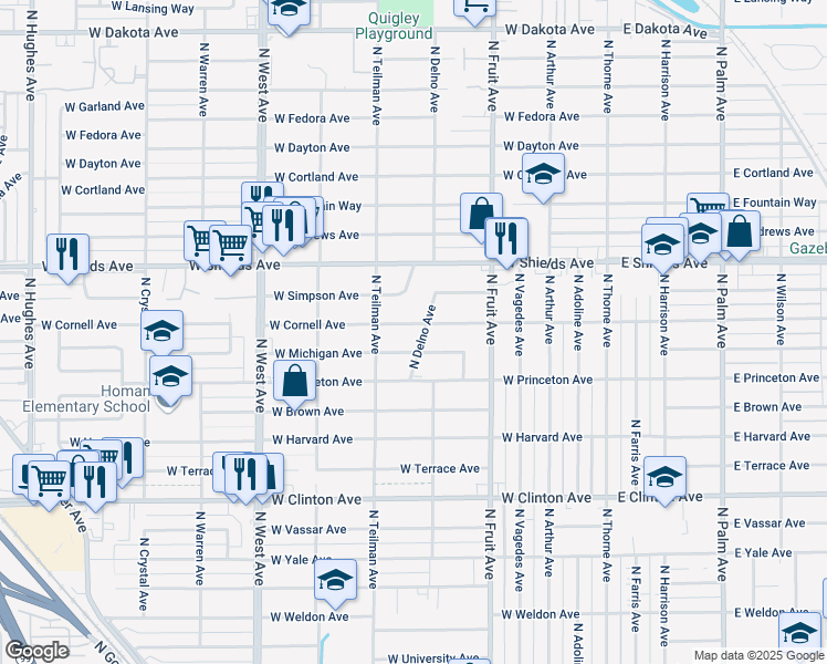map of restaurants, bars, coffee shops, grocery stores, and more near 714 West Michigan Avenue in Fresno