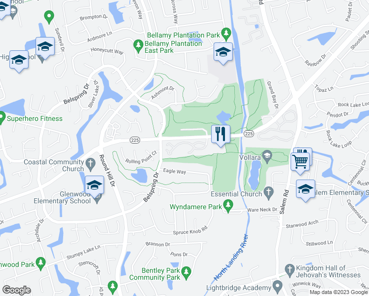 map of restaurants, bars, coffee shops, grocery stores, and more near 5221 Thatcher Way in Virginia Beach