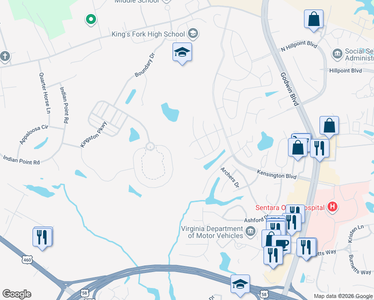 map of restaurants, bars, coffee shops, grocery stores, and more near 119 Jester Circle in Suffolk