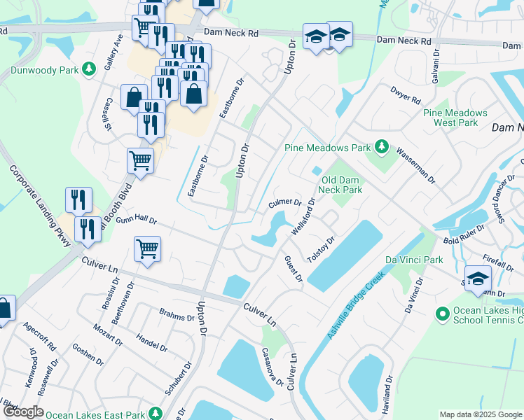 map of restaurants, bars, coffee shops, grocery stores, and more near 1060 Culmer Drive in Virginia Beach