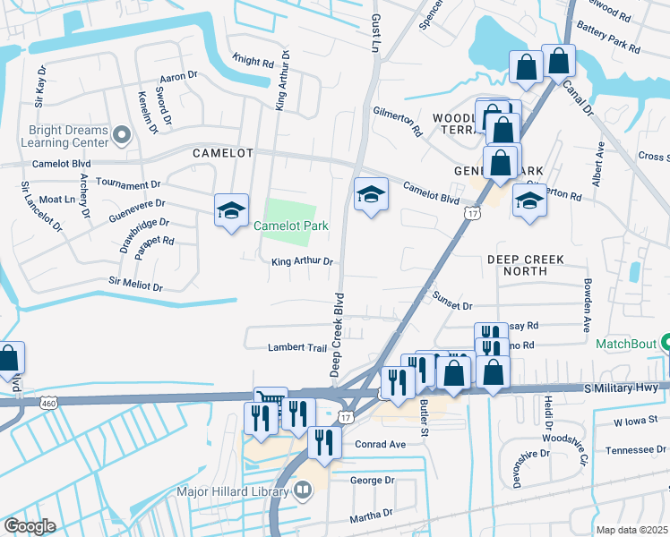 map of restaurants, bars, coffee shops, grocery stores, and more near 909 Noble Court in Chesapeake