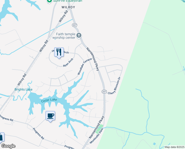 map of restaurants, bars, coffee shops, grocery stores, and more near 111 Hillside Avenue in Suffolk