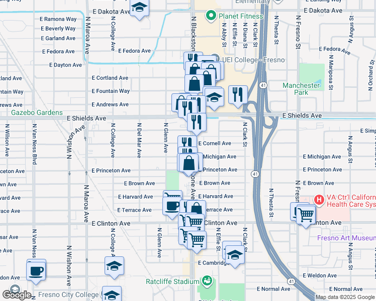 map of restaurants, bars, coffee shops, grocery stores, and more near 1619 East Michigan Avenue in Fresno