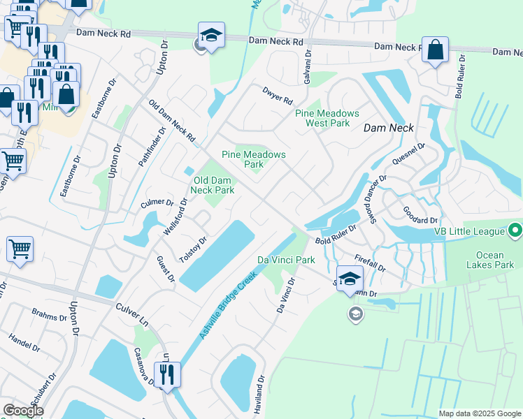 map of restaurants, bars, coffee shops, grocery stores, and more near 1704 Box Elder Arch in Virginia Beach