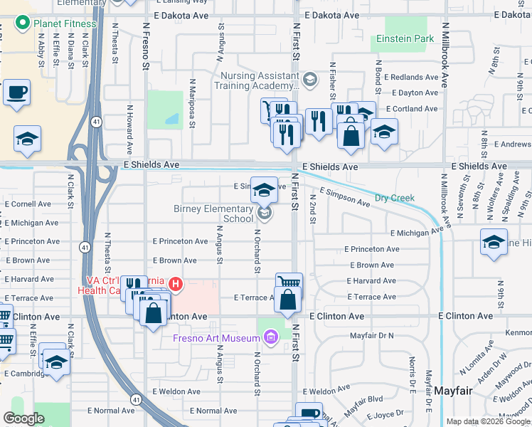 map of restaurants, bars, coffee shops, grocery stores, and more near 3034 East Cornell Avenue in Fresno
