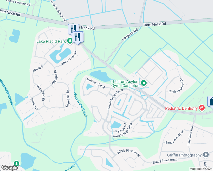 map of restaurants, bars, coffee shops, grocery stores, and more near 2740 Mulberry Loop in Virginia Beach