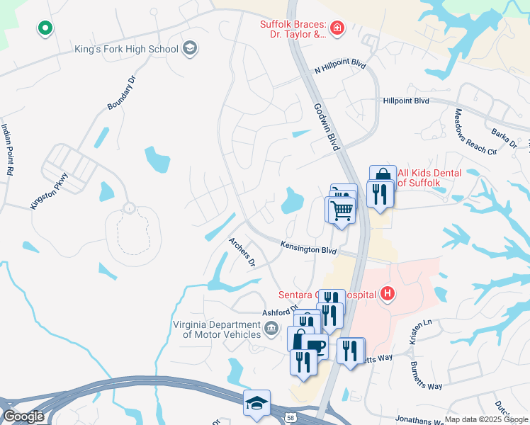 map of restaurants, bars, coffee shops, grocery stores, and more near 1000 Litton Lane in Suffolk