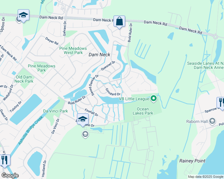 map of restaurants, bars, coffee shops, grocery stores, and more near 1536 Sword Dancer Drive in Virginia Beach
