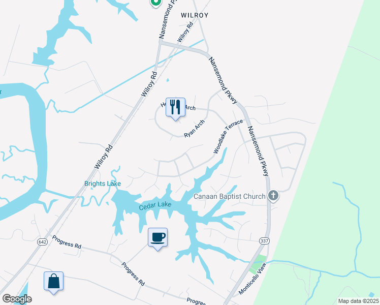 map of restaurants, bars, coffee shops, grocery stores, and more near 206 Cutspring Trce in Suffolk