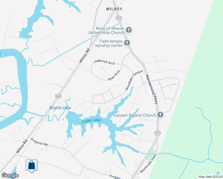 map of restaurants, bars, coffee shops, grocery stores, and more near 206 Cutspring Trce in Suffolk