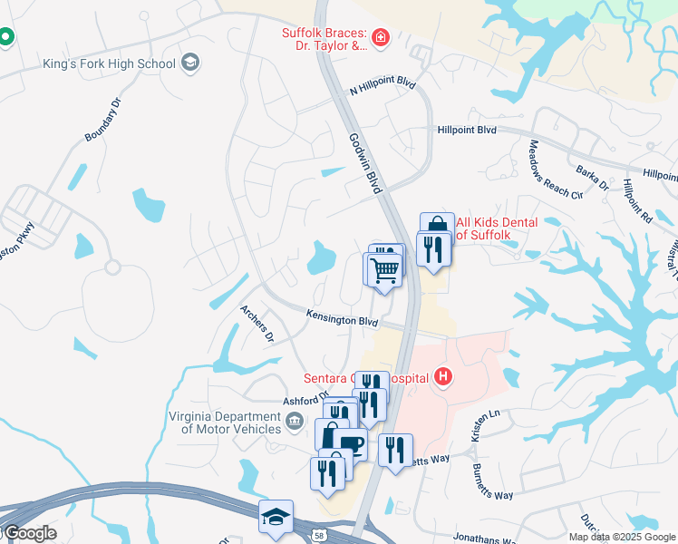 map of restaurants, bars, coffee shops, grocery stores, and more near 252 Wexford Drive West in Suffolk