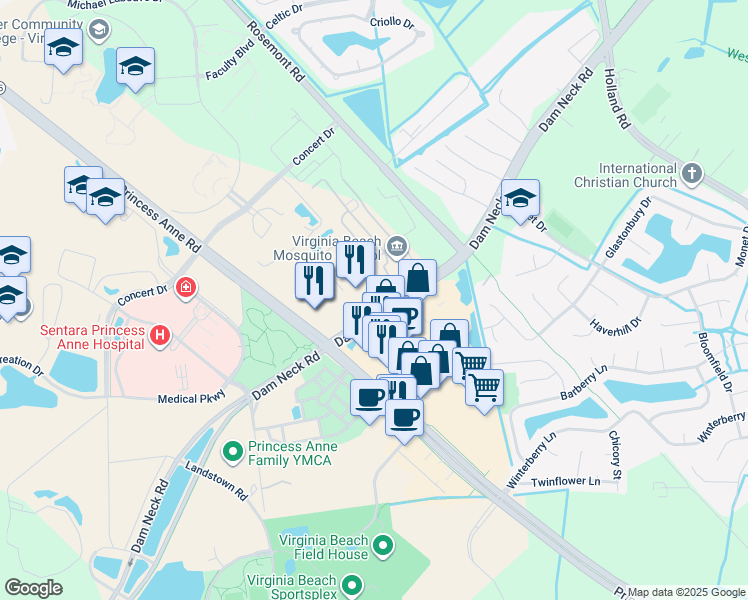 map of restaurants, bars, coffee shops, grocery stores, and more near 3401 Landstown Court in Virginia Beach
