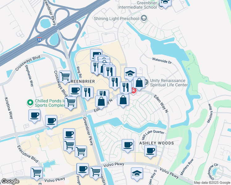 map of restaurants, bars, coffee shops, grocery stores, and more near 1024 Eden Way North in Chesapeake