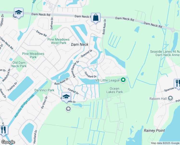 map of restaurants, bars, coffee shops, grocery stores, and more near 1536 Sword Dancer Drive in Virginia Beach