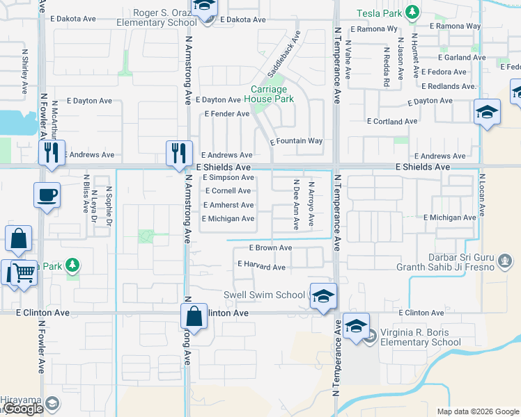 map of restaurants, bars, coffee shops, grocery stores, and more near 2834 North Apricot Avenue in Fresno
