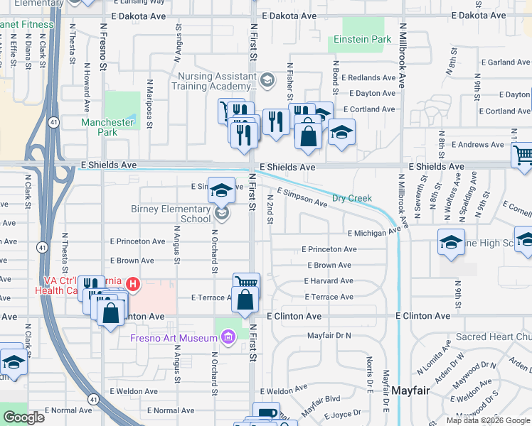 map of restaurants, bars, coffee shops, grocery stores, and more near 2902 North First Street in Fresno