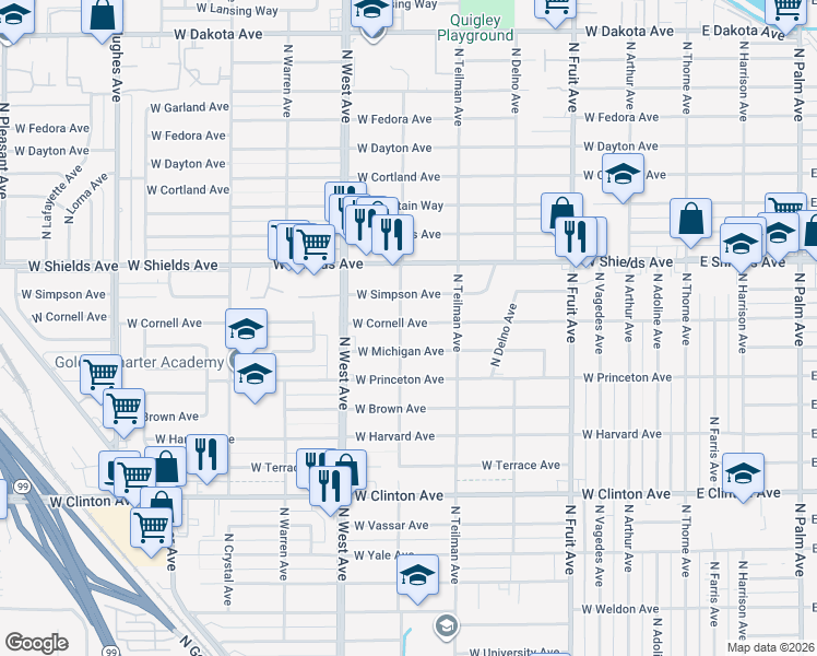 map of restaurants, bars, coffee shops, grocery stores, and more near 2949 North Channing Way in Fresno