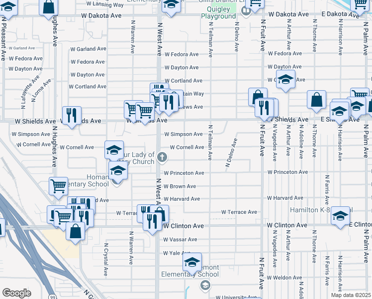 map of restaurants, bars, coffee shops, grocery stores, and more near 2949 North Channing Way in Fresno