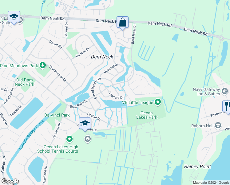 map of restaurants, bars, coffee shops, grocery stores, and more near 754 Goodard Drive in Virginia Beach