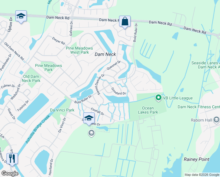 map of restaurants, bars, coffee shops, grocery stores, and more near 754 Goodard Drive in Virginia Beach