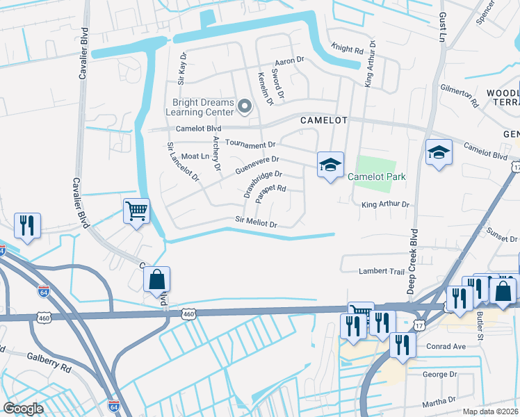 map of restaurants, bars, coffee shops, grocery stores, and more near 804 Jousting Court in Chesapeake