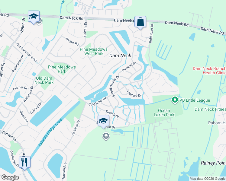 map of restaurants, bars, coffee shops, grocery stores, and more near 1644 Sword Dancer Drive in Virginia Beach