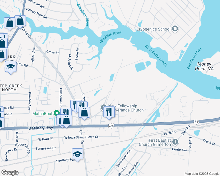 map of restaurants, bars, coffee shops, grocery stores, and more near 940 Michael Drive in Chesapeake