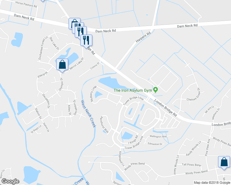 map of restaurants, bars, coffee shops, grocery stores, and more near 2736 Mulberry Loop in Virginia Beach