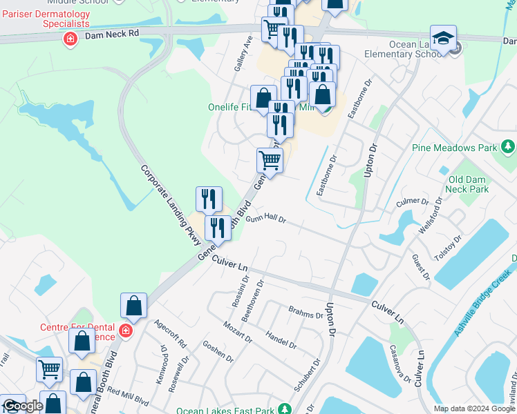 map of restaurants, bars, coffee shops, grocery stores, and more near 1800 Mizzen Lane in Virginia Beach