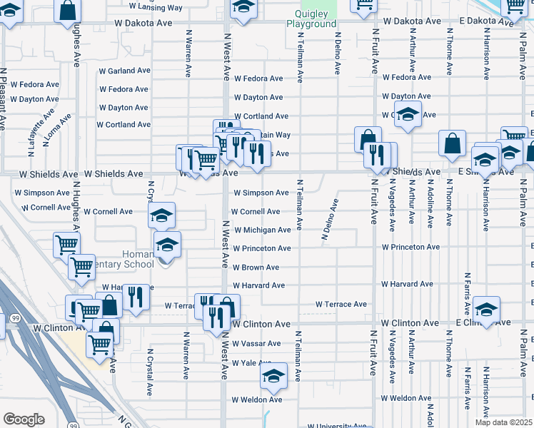map of restaurants, bars, coffee shops, grocery stores, and more near 2949 North Channing Way in Fresno