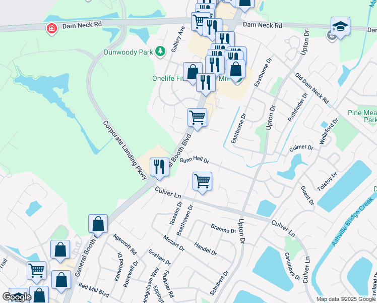 map of restaurants, bars, coffee shops, grocery stores, and more near 1217 Topgallant Court in Virginia Beach