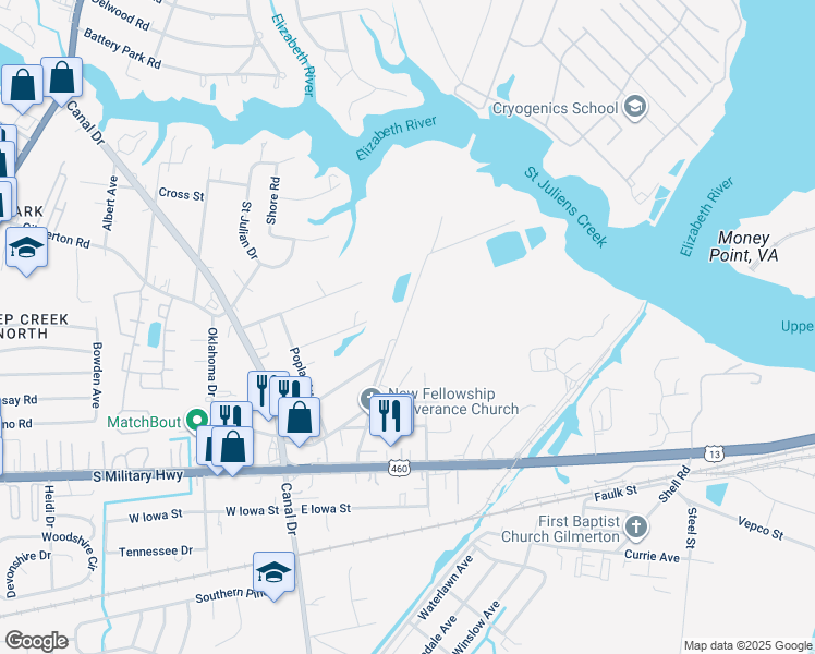 map of restaurants, bars, coffee shops, grocery stores, and more near 941 Michael Drive in Chesapeake