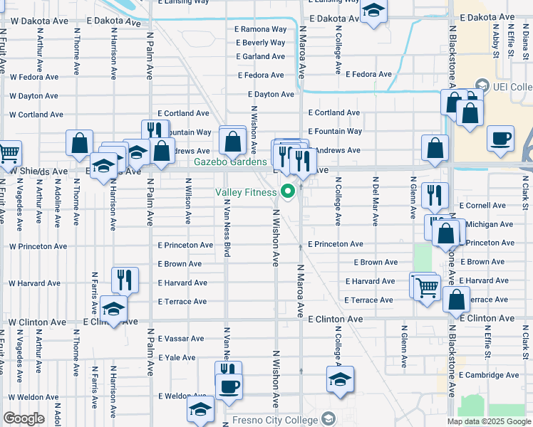 map of restaurants, bars, coffee shops, grocery stores, and more near 733 East Michigan Avenue in Fresno