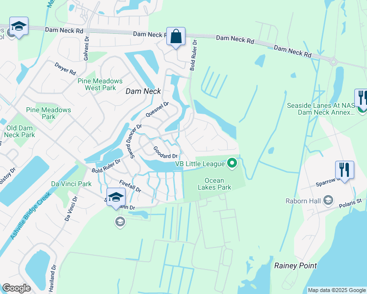 map of restaurants, bars, coffee shops, grocery stores, and more near 1736 Unicorn Drive in Virginia Beach