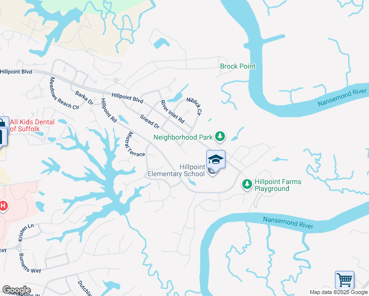 map of restaurants, bars, coffee shops, grocery stores, and more near 1069 Snead Drive in Suffolk