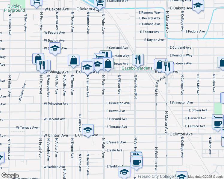 map of restaurants, bars, coffee shops, grocery stores, and more near 329 East Michigan Avenue in Fresno