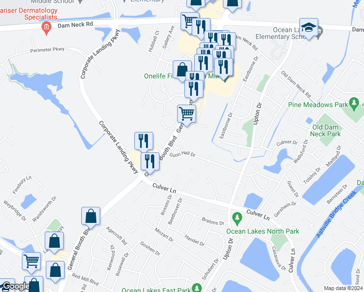 map of restaurants, bars, coffee shops, grocery stores, and more near 1209 Topgallant Court in Virginia Beach