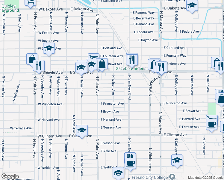 map of restaurants, bars, coffee shops, grocery stores, and more near 443 East Michigan Avenue in Fresno