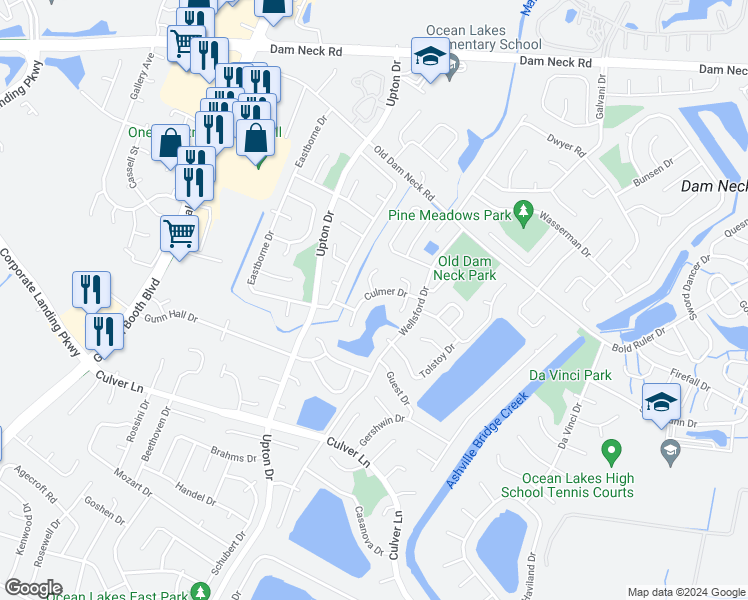 map of restaurants, bars, coffee shops, grocery stores, and more near 1041 Culmer Drive in Virginia Beach