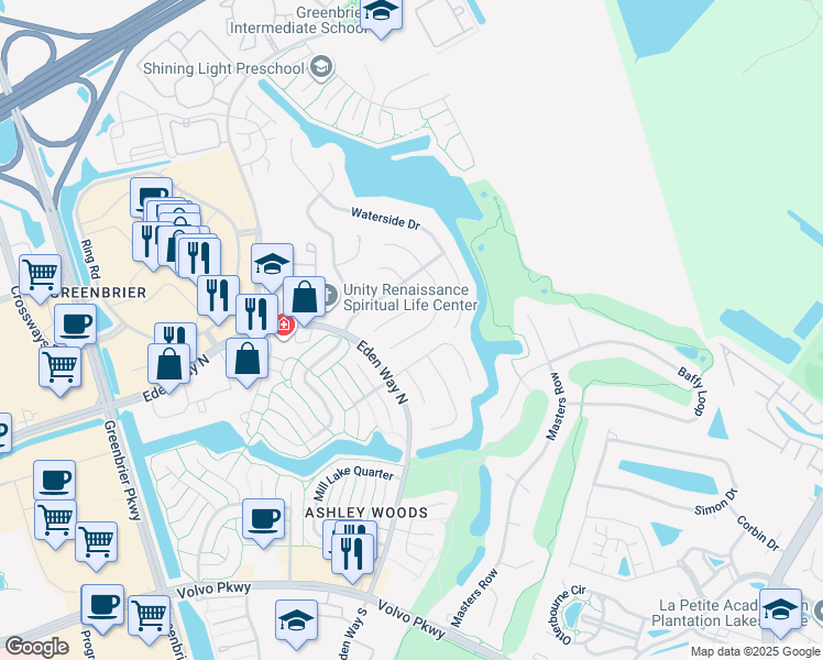 map of restaurants, bars, coffee shops, grocery stores, and more near 1417 Woodside Court in Chesapeake