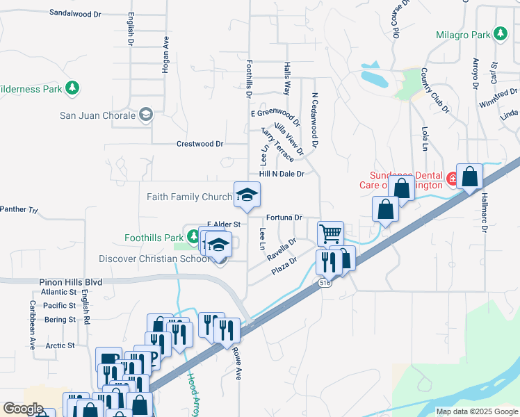 map of restaurants, bars, coffee shops, grocery stores, and more near 5300 Foothills Drive in Farmington