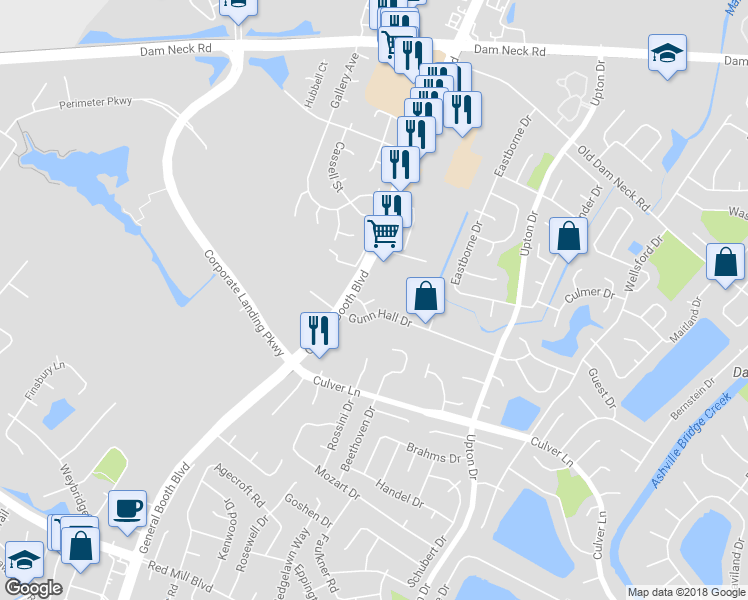 map of restaurants, bars, coffee shops, grocery stores, and more near 1208 Topgallant Court in Virginia Beach